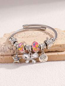 Popular Classic Silver Stainless Steel Bracelet Exquisite Pendant Alloy Adjustable Couple Bracelet - Hồng -2 - Xem 2