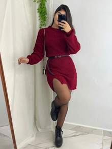 Knitted Midi Dress In Mousse Yarn With Slit Long Sleeves Winter - Burgundy - View 2