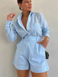 2025 New Women's Fashionable And Elegant Two-Piece Set, Long Sleeved Collared Shirt And High Waisted Spicy Shorts - Màu xanh lam - Xem 1