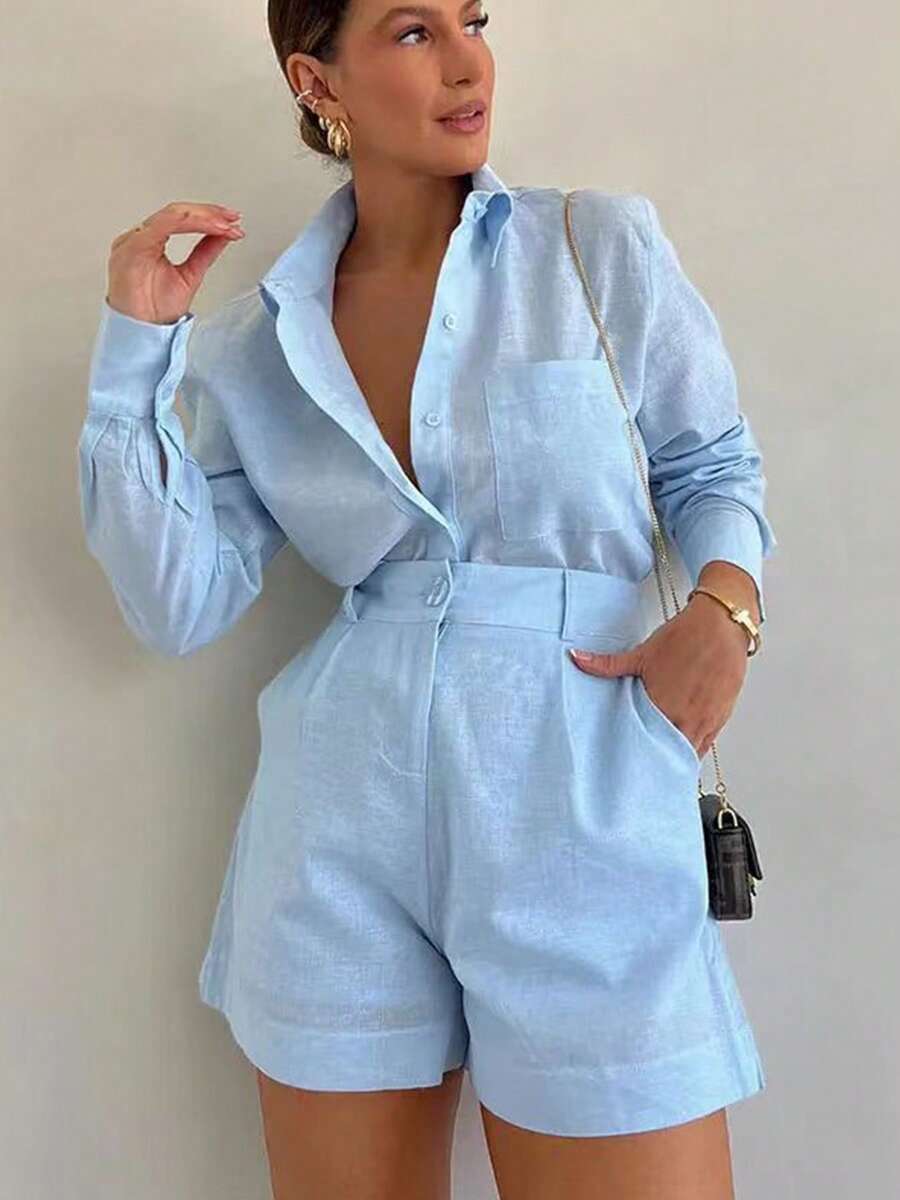 2025 New Women's Fashionable And Elegant Two-Piece Set, Long Sleeved Collared Shirt And High Waisted Spicy Shorts - Màu xanh lam - Xem 1