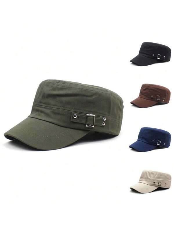 1pc Unisex Rivet Embellished Military Cap, Adjustable Brim Sun Hat, Suitable For Climbing, Vacation And Daily Use