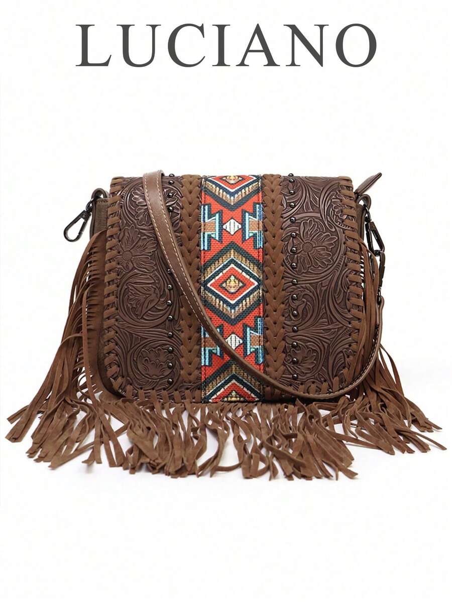 新款时尚春夏斜挎包波西米亚复古几何印花单肩包小众多功能日常休闲旅行通勤出差街头度假棕色