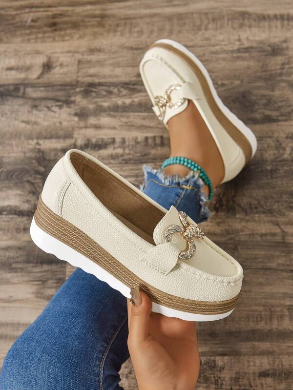 2025 Spring Women Thick-Sole Slip-On Loafers, Round Toe Metal Buckle Wedge Casual Shoes, Vintage British Style PU Leather Outdoor Commuting