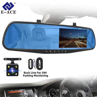 EE-ACE 4.3英寸后视镜行车记录仪，双录，前后行车记录仪，倒车影像，带降压线的行车记录仪，用于24小时停车监控，夜视，自动循环录制，LED显示屏，车载插头，≤36V工作电压（可选64G高速存储卡）
