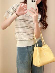 女士夏季短袖简约休闲精致提花针织套头衫 - 彩色 - 查看 4