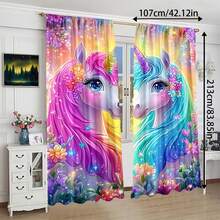 Set de 2 cortinas con estampado de unicornio mágico y flores - Vibrante arcoíris y estrellas brillantes, 100% poliéster, adecuado para dormitorio, sala de estar, decoración del hogar