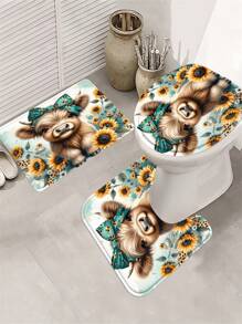 1/4pcs Shower Curtain Set,Highland Cow Sunflower Cartoon Bathroom Curtains Shower Set, Shower Curtains,Bathroom Accessories Including Bathroom Carpet Toilet Mat And 12 Shower Curtain Hooks,Bathroom Set With Curtain,Suitable For Bathroom Decor,Room Decor,Home Decor, House Decor, Kitchen, Living Room. Back To School