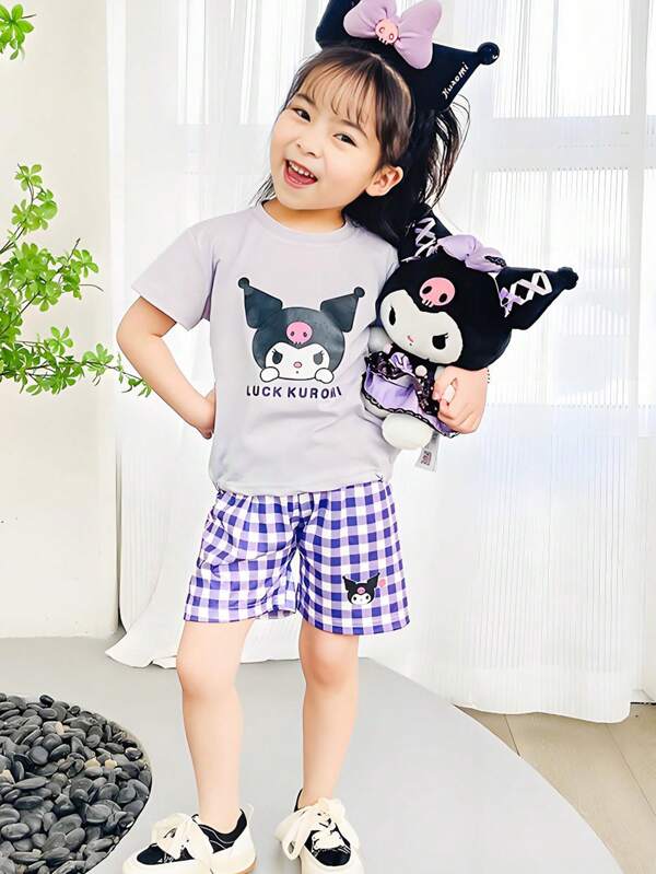 Sanrio Set de 2 piezas de pijama de niños con estampado de Kuromi, camiseta delgada y shorts, parte superior y Bottom holgada, adecuado para primavera, verano, otoño