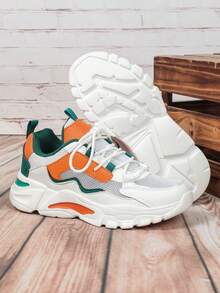 Women's Springtime & Summer Colorblock (White, Orange, Green) Dopamine Design Sneakers, Versatile To Pair With Dresses, Pants, Comfortable & Breathable Low-Top Lace-Up Casual Walking Shoes, Suitable For Parties, Holidays, Couples - White Tangerine - View 7