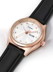 TOMI TOMI 1pc Universal Quartz Leather Watch With Dual Calendar, Elegant & Compact Design, Suitable For Daily Wear & Gift