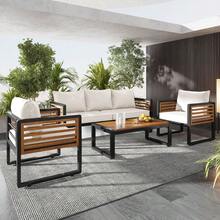MERAX Large Size 4-Pieces Outdoor Furniture Sofa For 5 Person Conversation Set, Garden Sofa Set With Removable Cushion, Metal And Wood Frame Sofa Set, Thick Cushions, Acacia Wood Tabletop - Màu be - Xem 2
