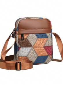 Bolsa a Tiracolo Quadrada Pequena Leve de Patchwork com Cores Contrastantes, Bolsa Transversal Essencial de Moda para Homens em Negócios