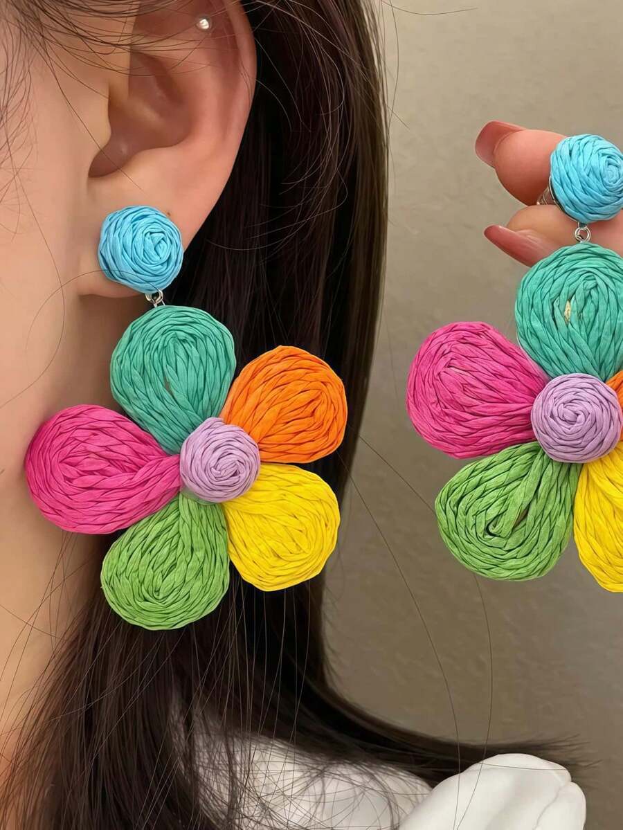 1 Pair Raffia Woven Mini Flower Dangle Earrings - Multicolor - View 1