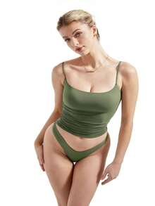 laozuy Women's Sexy Square Neck Tank Spaghetti Strap Fashion Basic Cami Shirt - 軍綠色 - 查看 5
