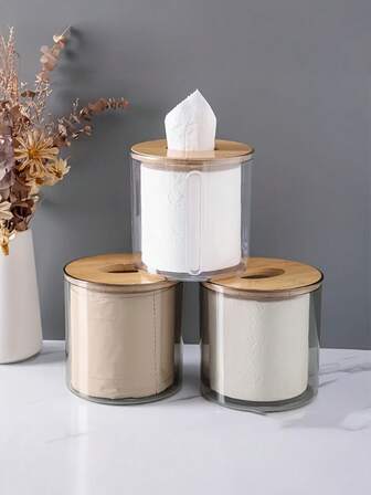 صندوق مناديل شفاف دائري مع غطاء من الخيزران ،حامل مناديل وجه بسيطة، حاوية تخزين للحمام وغرفة المعيشة، صندوق مناديل مكتبي إبداعي، ديكور حمام صيفي