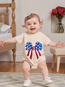 Newborn Baby Girl 4th Of July Romper Short Sleeve American Flag Bow Embroidery Bubble Bodysuit Patriotic Oversized Tshirt Tops My First Fourth Of July Outfit Summer Clothes - Khaki - View 2
