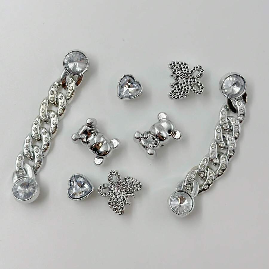 8pcs Shoe Decoration Set With Pearls, Chains & Cute Bear-Shaped Charms, Metallic-Looking, Removable & Suitable For Clogs, DIY Fashionable Accessories
