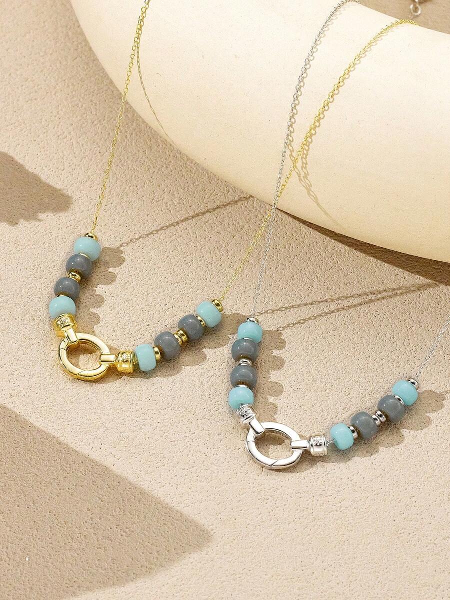 Deconstructed Bead Chain | Hand-Painted Ceramic Beads & Diamond Cut Clasps | Edgy Stackable Jewelry - Gold - View 1