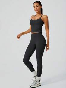 NcmRyu 1 Set Nahtloses, elastisches, gepolstertes Damen Sport-BH mit Kreuzriemen und Leggings Aktivbekleidungs-Set