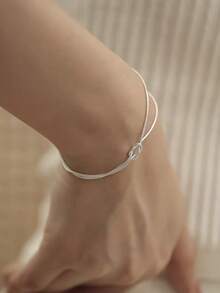 BALMORA 1 Pc Minimalist 925 Sterling Silver Double Layered Knotted Snake Bone Bracelet Elegant Hand Chain Jewelry Decoration Niche Design For Girl/Women/Girlfriend/Mother Retro Party Dating Gift Daily Wear Birthday Gift - Silver - View 2