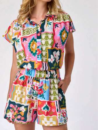 2-delige set overhemden met bloemen- en bladprint voor dames in grote maten, met knoopsluiting en zak aan de voorkant