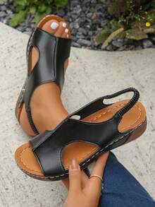 加大码 36-45 夏季新款时尚简约黑色 PU 鞋面圆头坡跟厚底凉鞋女式户外沙滩轻便舒适一脚蹬拖鞋