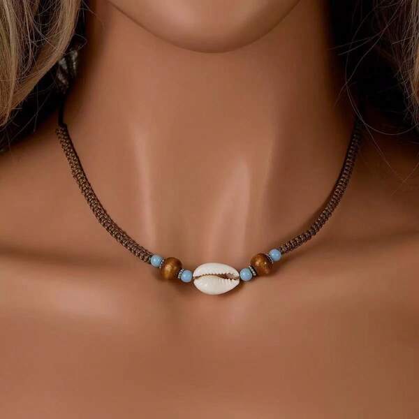 1pc Women's Seashell Necklace, Boho Style Wood Bead Braided Neck Chain, Fashion Beach Vacation Accessory
