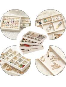 1 件 36/100 位戒指首饰盒带盖，耳环首饰托盘，戒指首饰收纳展示托盘，简约天鹅绒戒指盒，首饰盒，耳环首饰收纳盒，防尘首饰盒展示盒首饰展示防尘盒夏季必备女士收纳整理器礼物旅行 - 米色 - 查看 3