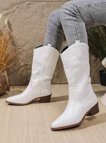 Botas de Cowgirl de Estilo Oeste para Mulheres Plus Size, Bota Cano Médio Pontuda com Salto Tratorado Bordado