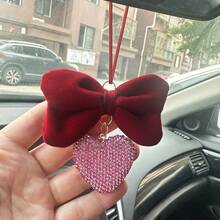 1pc Car Rearview Mirror Hanging Decoration, Bow Knot & Rhinestone Heart Shaped Pendant Charm, Suitable For Backpack, Home Decor - Multicolor - View 2