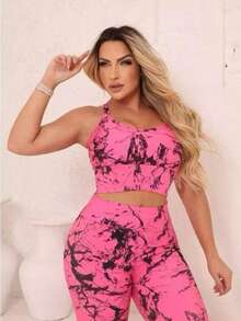 Women's Marbled Gym Leggings - Hot Pink - View 1