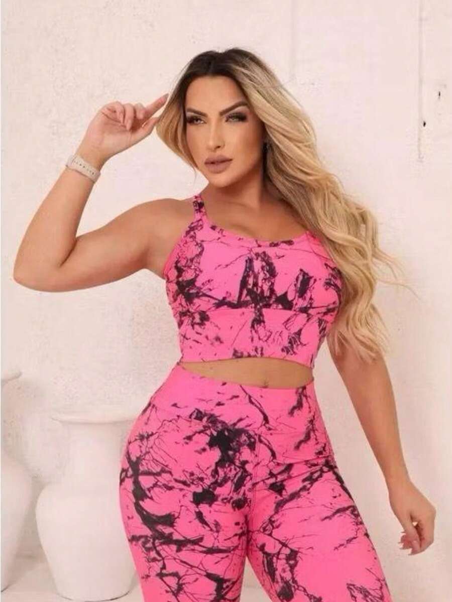 Women's Marbled Gym Leggings - Hot Pink - View 1