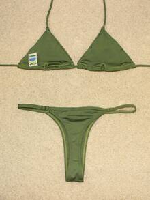 Bikini Set Thong With Ribbon And Triangle Top Made Of Micro Polyester Fiber - Olive Green - View 4