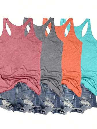 4 件纯色新款圆领吊带背心，休闲女式无袖背心，舒适时尚 - 适合春夏季日常和家居穿着