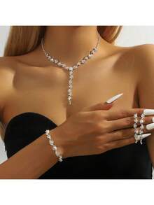 3-4pcs Set Minimalist Rhinestone Claw Chain Necklace, Earrings And Bracelet, Suitable For Ladies Daily Wear, Summer Accessories, Women Jewelry Sets For Festivals, Formal Events And Parties - Silver - View 3