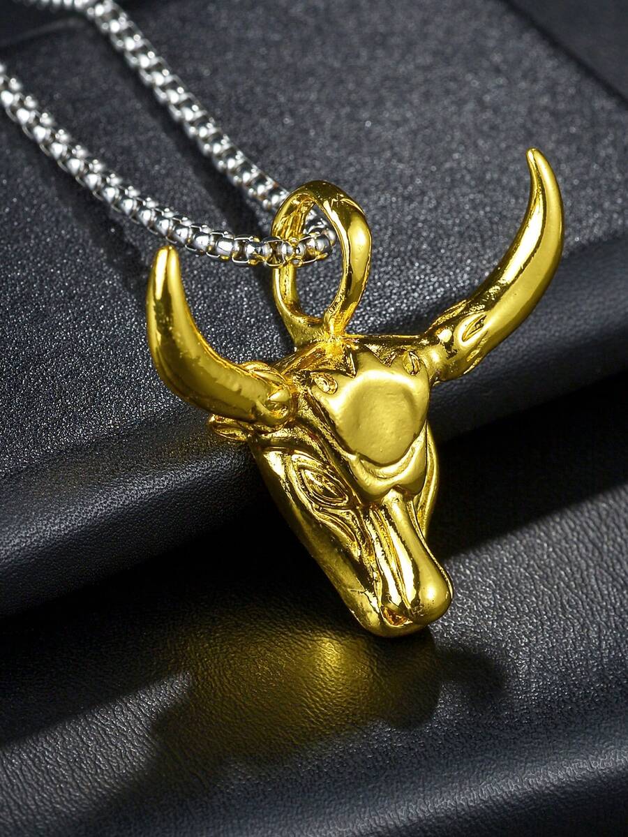 1pc Punk Hip-Hop Bull Head Pendant Stainless Steel Necklace, Men's Fashion Stainless Steel Necklace - Gold - View 1