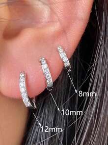 Nooxian 3pcs/Set Minimalist Rhinestone & Cubic Zirconia Hoop Earrings, Daily Basic Ear Cartilage Earring Set For Women - Silver - View 4