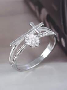 1pc Fashion Geometric Cross CZ Decor Double Layer Ring, Suitable For Daily Wear & Decoration For Women
