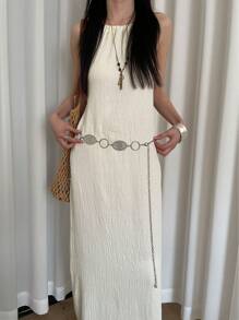 1pc Women Vintage Boho Style Zinc Alloy Hollow Simulated Feather Circular Buckle Belt Decorationsummer