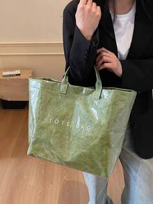 大容量时尚透明果冻袋PVC防水购物袋，韩版中性风手提包，INS时尚复古休闲街头手提包，日系慵懒风包，适合高中生和大学生上学、健身/瑜伽/旅行或作为妈妈包使用，字母印花极简明星风褶皱质感高端多层纸质手提包 - 綠色 - 查看 5