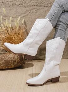 Botas de Cowgirl de Estilo Oeste para Mulheres Plus Size, Bota Cano Médio Pontuda com Salto Tratorado Bordado