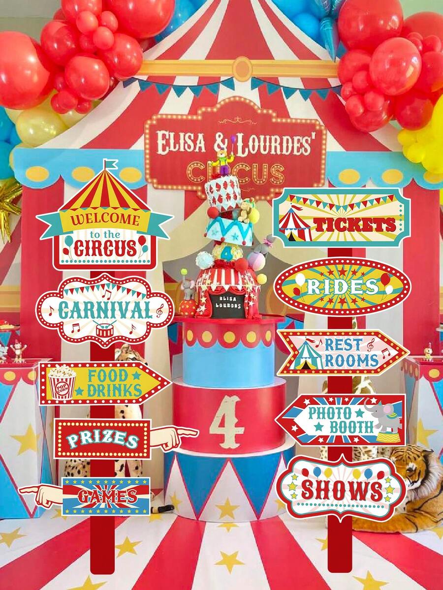 Señales direccionales para fiesta de circo y carnaval, dando la bienvenida a los artistas en una celebración de fiesta de cumpleaños con temática, decoraciones para fiesta de cumpleaños festiva, accesorios de fondo de papel - Multicolor - Ver 1