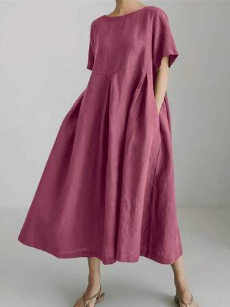 女士优雅简约宽松舒适亚麻连衣裙，短袖，口袋，圆领，纯色，长款亚麻连衣裙，春夏