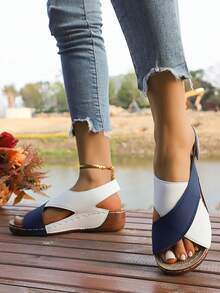 Women's Stylish Summer Platform Sandals - Easy To Wear, Thick Bottom, Open Toe, Soft PU Cover, Black & White Non-Slip Beach Shoes, Slip-On Hook And Loop Casual Sandals - White Blue - View 4
