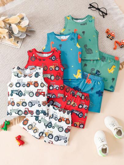 Set de 8 piezas de chaleco estampado con dinosaurios y autos + pantalones cortos informales para niños pequeños para verano