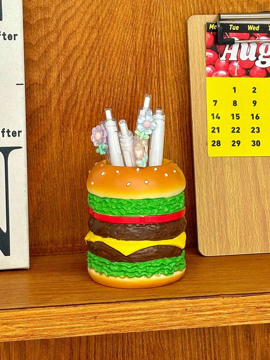 1pc Hamburger Shaped Makeup Brush Holder Pen Cup - Creative Brush Stand For Vanity Desk Travel Storage - Lightweight Plastic Organizer No Assembly Required Perfect Cute Gift For Women Men Teens Students - Multicolor - View 1