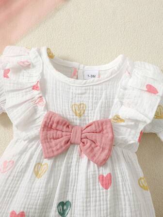 Set de 2 piezas de pelele para bebé niña con lazo de corazón de doble cara + diadema, de verano