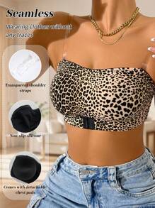 2 piezas con hebilla delantera sin tirantes, diseño de pecho con estampado de leopardo, diseño antideslizante de silicona, almohadilla de pecho desmontable, temperamento elegante, adecuado para vestidos off-the-shoulder