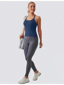 Workout Tops Women With Built In Bra, Sleeveless Gym Tops Seamless Racerback Athletic Yoga Shirts, Activewear - 海軍 - View 4
