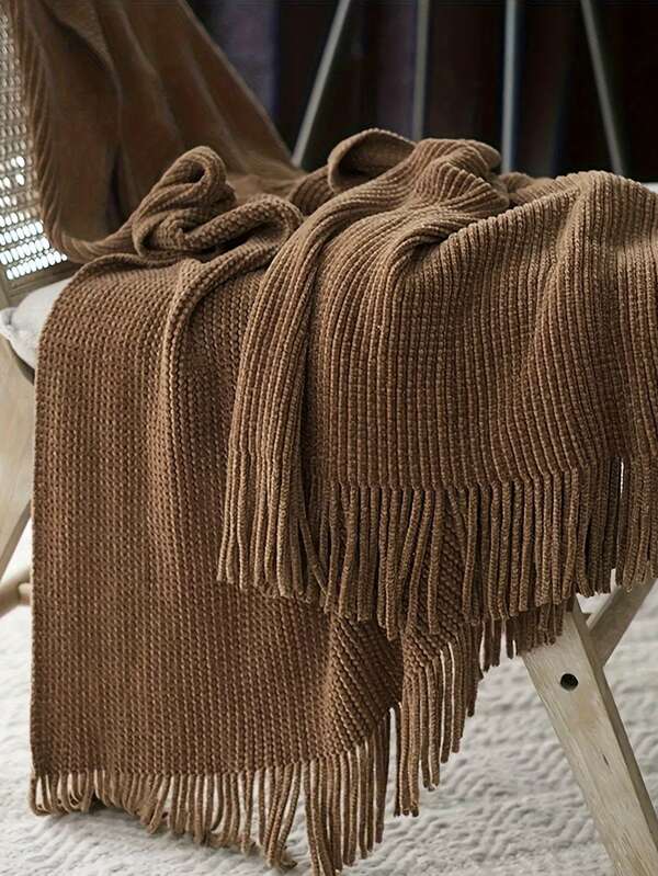 1pc Solid Striped Knitted Blanket, Nordic Style Acrylic Rectangular Fringe Knitted Ball Yarn Casual Air Conditioning Blanket, Sofa Cover Blanket, Nap Blanket For Office